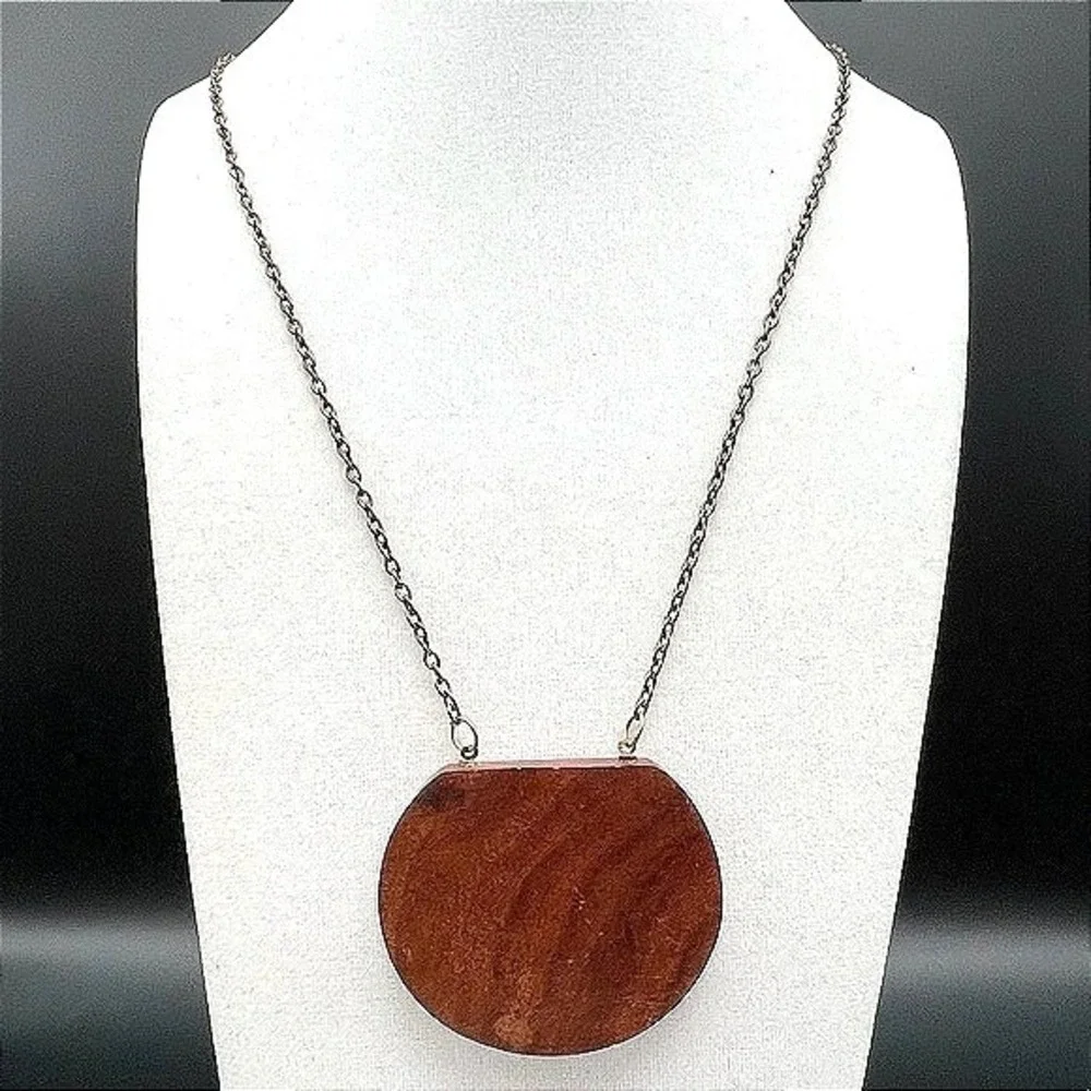 Vintage Brown Wood Round Pendant Necklace Boho Statement‎ Chain